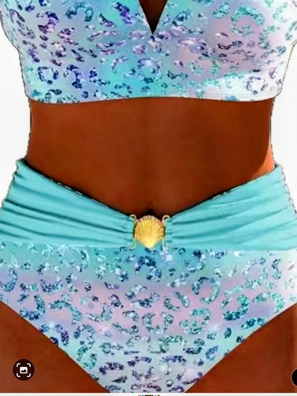 Women's Aqua Leopard Print High-Waist Bikini Bottom with Shell Accent--New